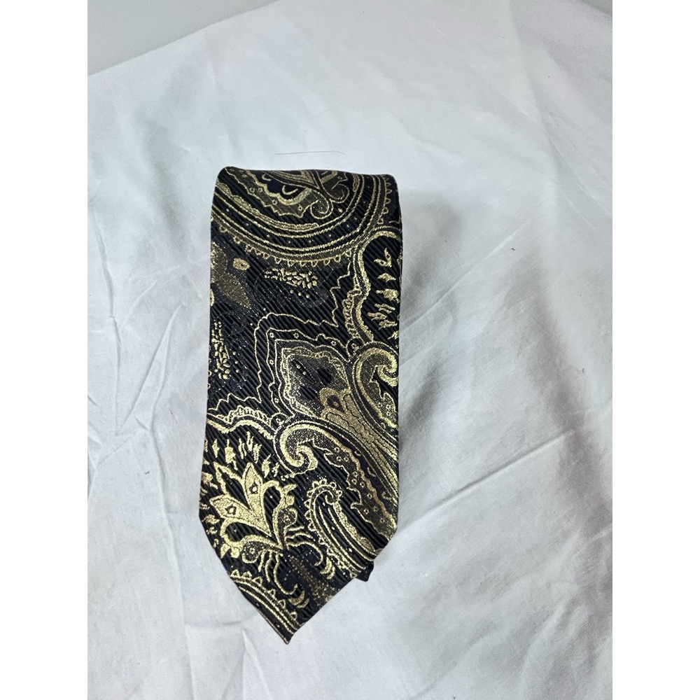 Barry Wang Metallic Gold/ Black Paisley Classic Tie-Silk-Formalwear